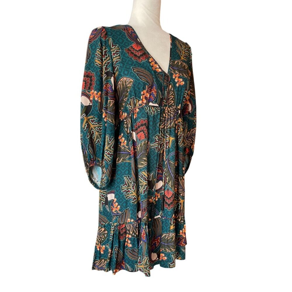 ANTHROPOLOGIE FARM RIO Ariyah Tiered V-Neck Botanical Mini Dress, Green Floral S - Picture 3 of 15